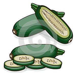 Whole and chopped Cousa or Kousa squash. Clipart