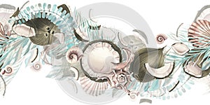 Whole coconuts and slices with tropical palm leaves and seashells. Watercolor illustration. Seamless boarder on a white