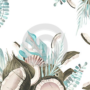 Whole coconuts and slices with tropical palm leaves and seashells. Watercolor illustration. Template on a white