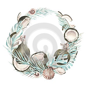 Whole coconuts and slices with tropical palm leaves and seashells. Watercolor illustration. Wreath on a white background