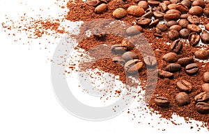 Whole coffee beans and ground on a white background