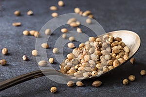 Whole Coriander Seeds on a Vintage Spoon
