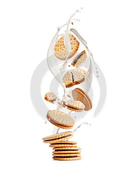 Whole and crushed round crispy cookies with milk splashes in the air on a white background