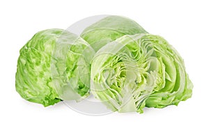 Whole and cut fresh green iceberg lettuces isolated on white