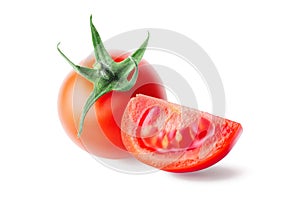 Whole and cut fresh, red tomatoes with green steam isolated on white background.