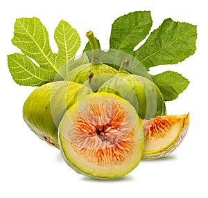 Whole and cut green figs, with fig leaves.