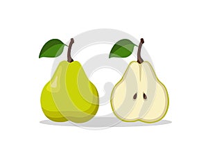 Whole and cut in half yellow pear with leaf with shadow on white background