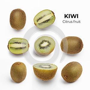 Whole and cut kiwis isolated on a white background