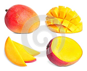 Whole and cut mango fruits isolated on white