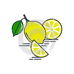 Whole cut and slice in half lemon fruit isolated on white background. Fresh cut citrus icon. Bright summer harvest illustration.