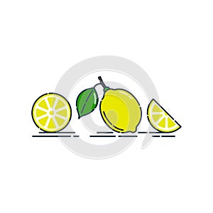 Whole, cut and slice in half lemon fruit isolated on white background. Organic product. Bright summer harvest illustration. Flat