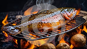 Whole fish fried a grill natural tasty nourishment photo