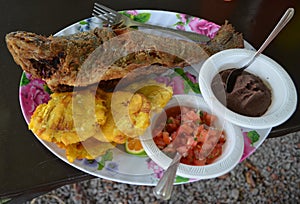 Whole fish fried with patacons