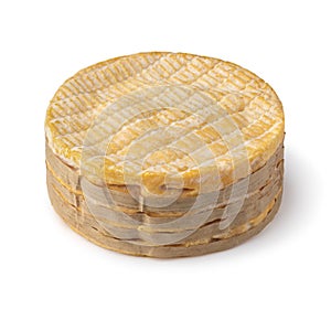Whole French Livarot cheese on white background close up