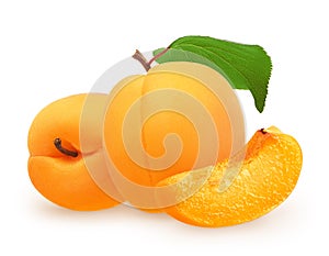 Whole fresh apricot fruit with green leaf, lying and slice