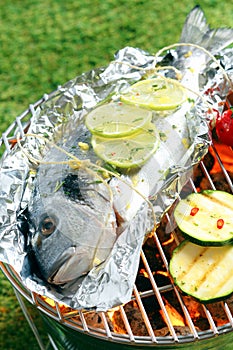 Gilthead breem roasting over a barbecue photo