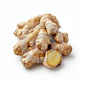 Whole Fresh Ginger Root with Sliced Ginger on White Background