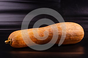 Whole fresh orange big pumpkin on black background, closeup. Organic agricultural product, ingredients for cooking