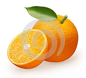 Whole fresh orange fruit with green leaf and half