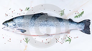 whole fresh raw big salmon fish with seasoning, salt, pepper, rosemary on white marble table, top view, long banner format