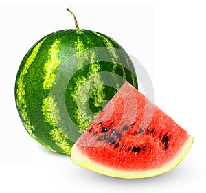 Whole fresh ripe watermelon and a slice on a white isolated background.