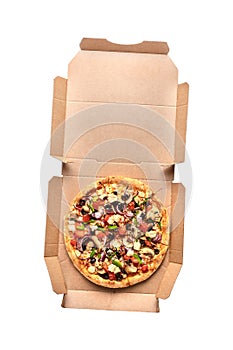 Whole fresh round pizza with chicken meat, vegetables, mushrooms, cheese in a cardboard box top view isolated on white background
