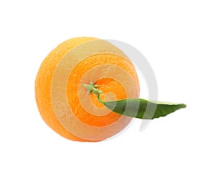 Whole fresh tangerine with green leaf isolated on white, top view