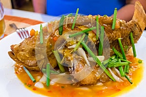 Whole fried fish on a plate with green onions in sauce