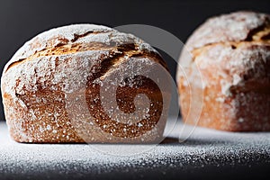 Whole grain bread on dark black background. Loaf wheat fresh baking, food styling concept on wooden table. Generative AI