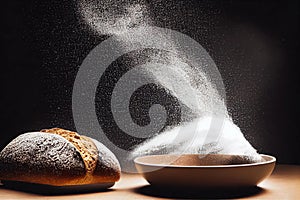 Whole grain bread on dark black background. Loaf wheat fresh baking, food styling concept on wooden table. Generative AI