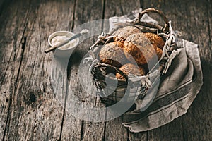 Whole grain bread rolls in a basket