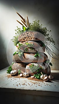 whole grain breads, embedded with garlic, green and seeds. Still life. Generative AI