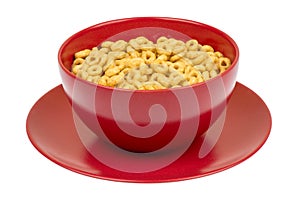 Whole grain cheerios cereal in the red bowl.