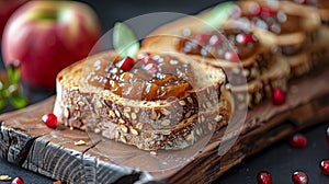 Whole Grain Toast with Homemade Apple Jam and Pomegranate Seeds on a Rustic Wooden Board