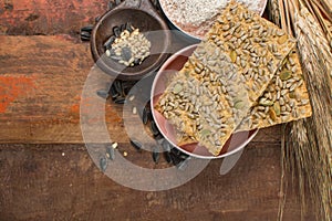 Whole grain wheat flour, sunflowers seeds and fresh baked crackers