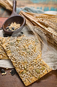 Whole grain wheat flour, sunflowers seeds and fresh baked crackers