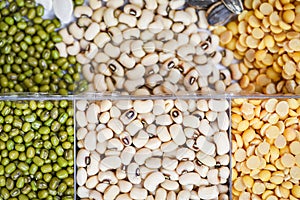 Whole grains beans and legumes seeds lentils background top view - Collage various beans mix peas agriculture of natural healthy