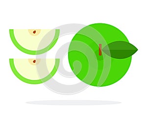 Whole green apple and apple slices top view flat isolated