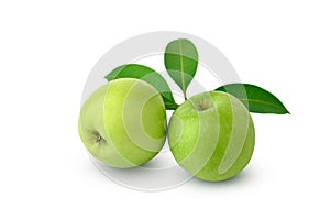 Whole green apple and half with leaf isolated on white background