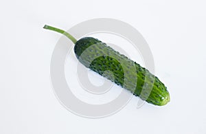 A whole green and bright cucumber on a white background.