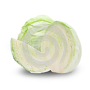 Whole green cabbage and half isolated on white background with clipping path.