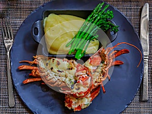 Whole grilled lobster on a plate at a luxury restaurant, with mashed potatoes and green asparagus in Vancouver, Canada