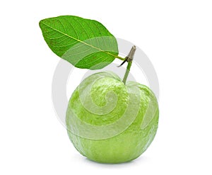 Whole guava fruit with green leaf isolated on white