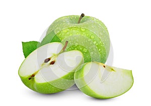 Whole and hafl with slice of green apple or granny smith apple
