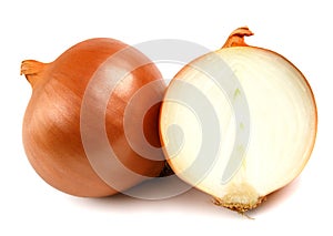 Whole and half bulb of golden onion are isolated on a white background