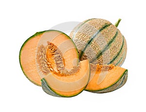 Whole and half cantaloupe melon isolated on the white background