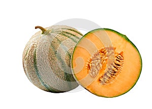 Whole and half cantaloupe melon isolated on the white background