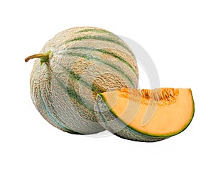Whole and half cantaloupe melon isolated on the white background