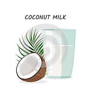 Whole and a half coconuts and a glass of coconut milk with green leaf. Isolated on white background