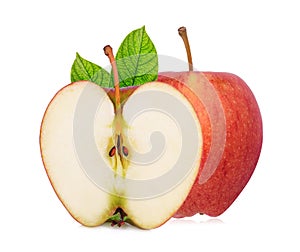 Whole and half of fresh gala apple with green leaves isloated